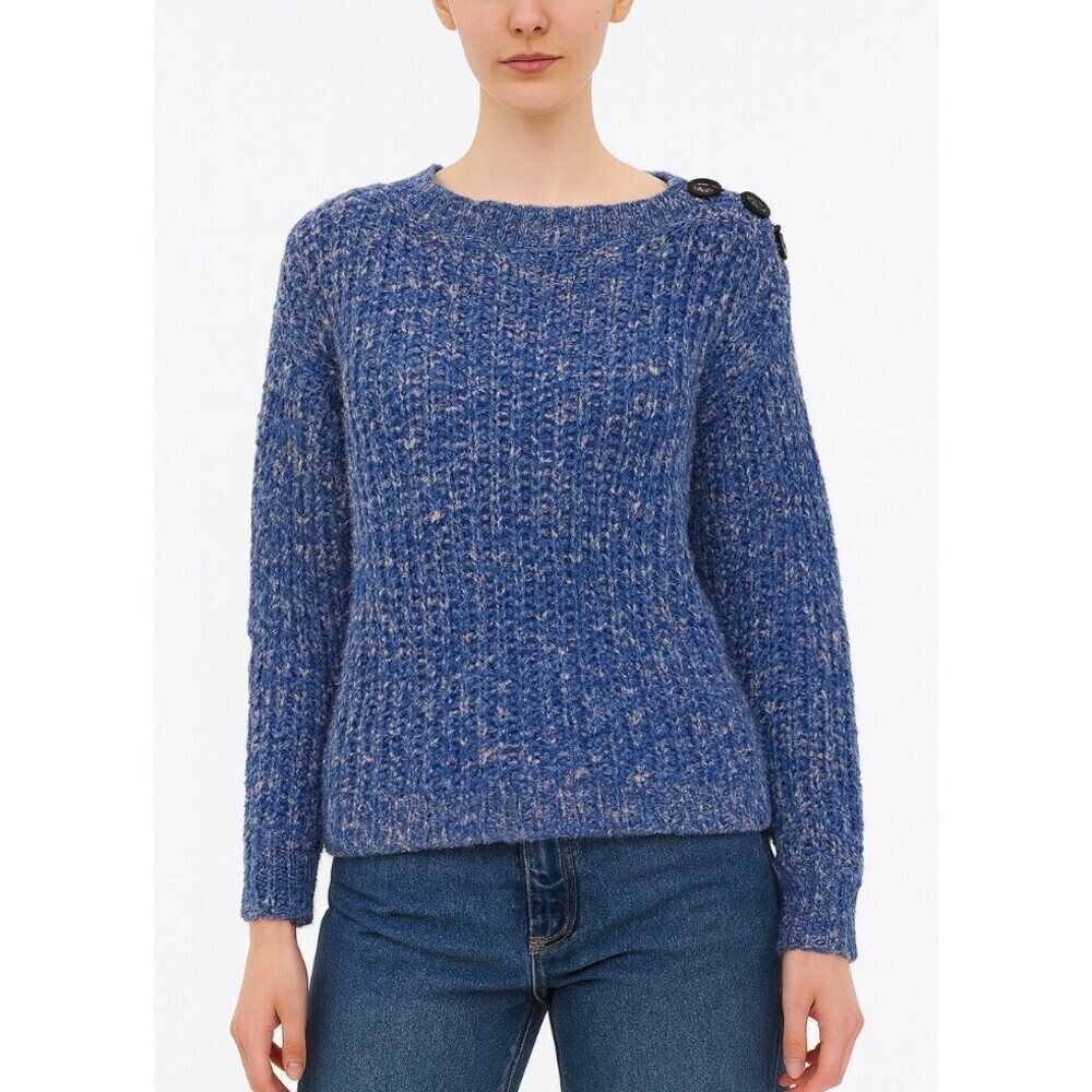 J. Crew sweater knit chunky button shoulder blue crew neck speckled fisherman SM